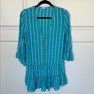 Turquoise Striped Boho swim cover-up with Crochet Trim